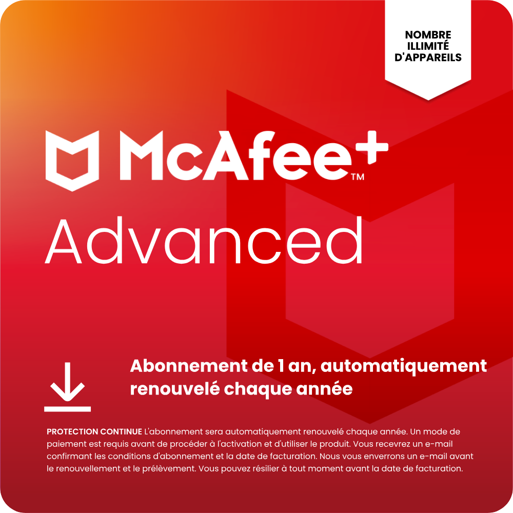McAfee+ Advanced Individuel 2025- Illimité, abonnement d'un an, automatiquement renouvelé chaque année