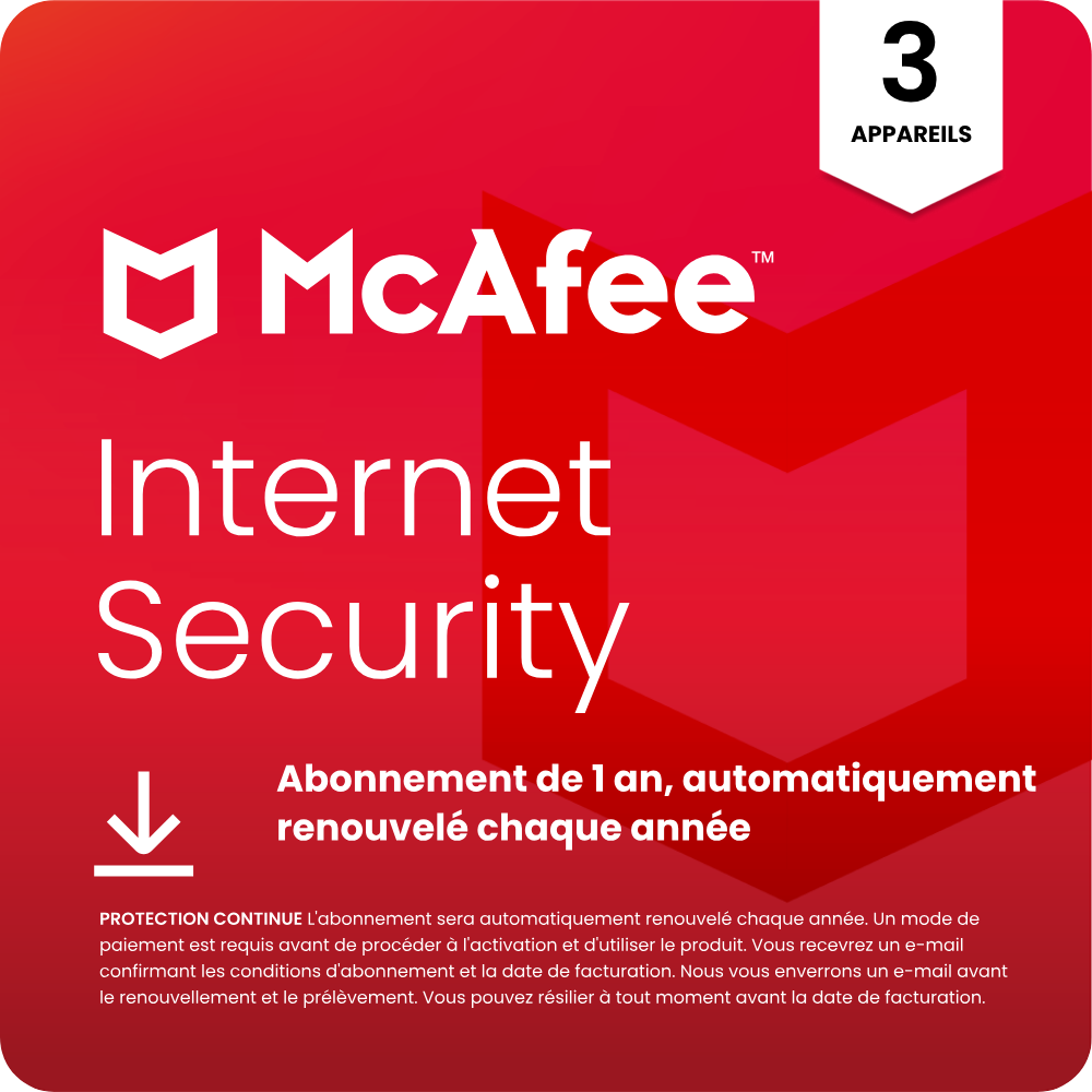 McAfee Internet Security 2025 - 03 appareils, abonnement d'un an, automatiquement renouvelé chaque année