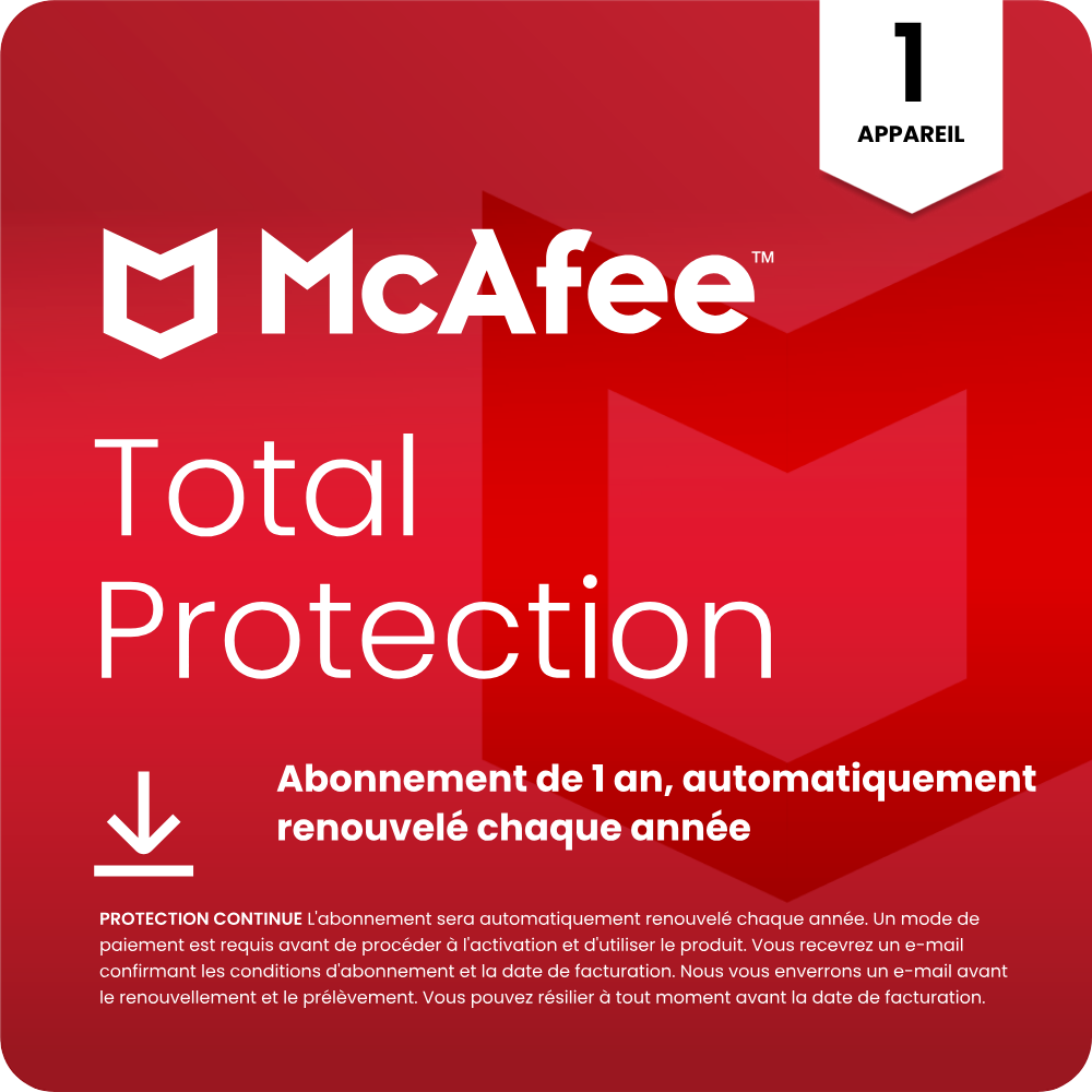 McAfee Total Protection 2025 - 01 appareil, abonnement d'un an, automatiquement renouvelé chaque année